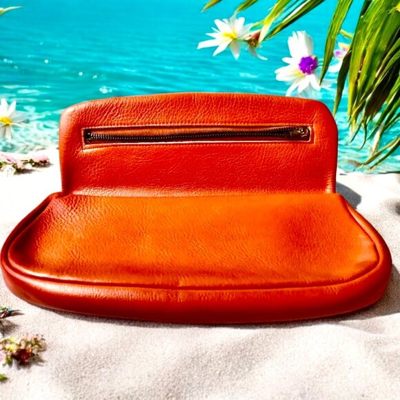 Vintage Orange Leather Clutch Purse Handbag Flap Top Zipper Suede Lined - Picture 7 of 10